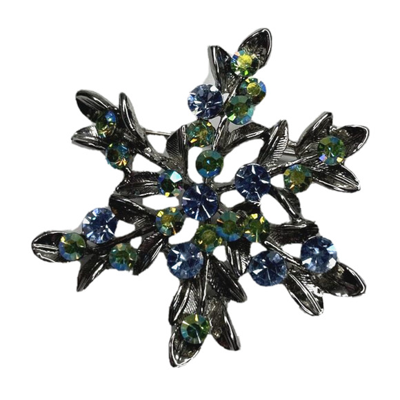 vintage brooch light blue And Green rhinestone 3D flower bloom With Silver Metal - Picture 1 of 9